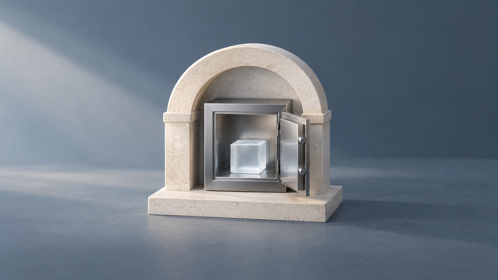 Conceptual illustration of a metal custody locker with a frosted glass cube inside a pale stone frame.