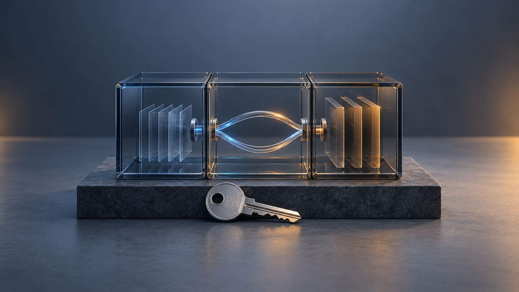 Three connected glass compartments with an optical loop and a metal key on a stone plinth.