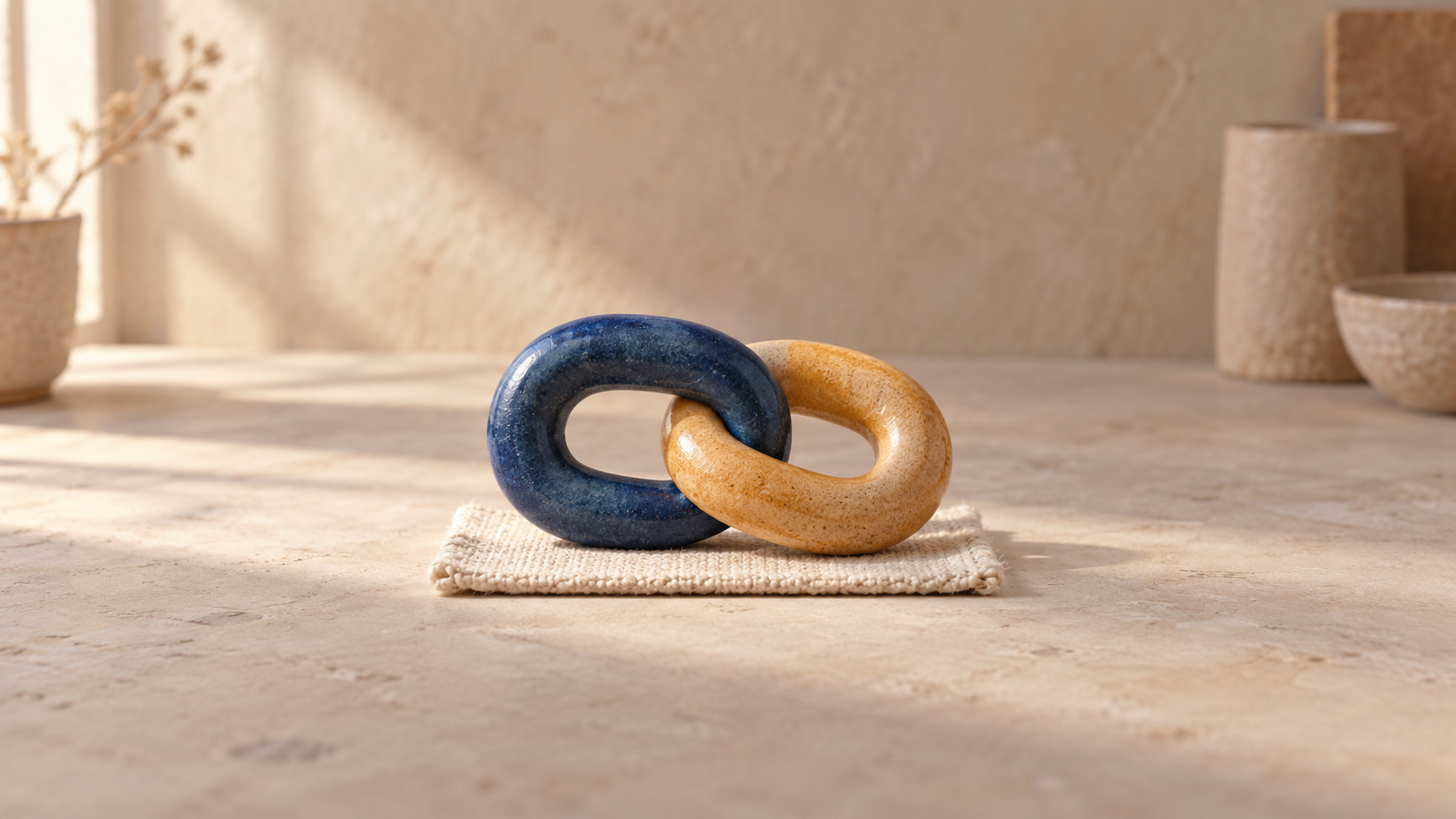 Interlocking indigo and ochre ceramic links on a cotton pad, illustrating connected funding and lending relationships.