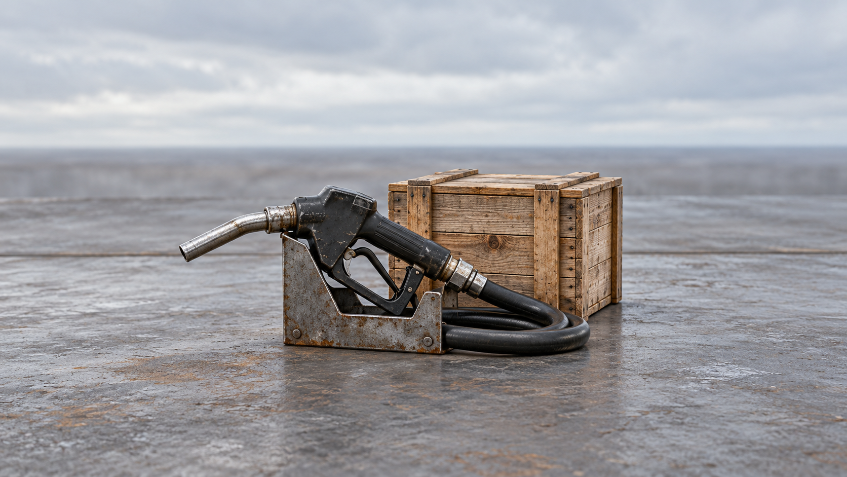 Staged editorial illustration of an unbranded fuel nozzle in a metal cradle beside a wooden freight crate.