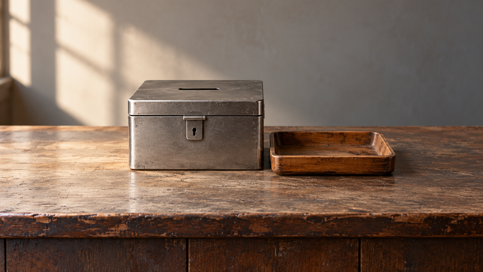 A closed steel savings box beside an empty wooden change tray on a shop counter.