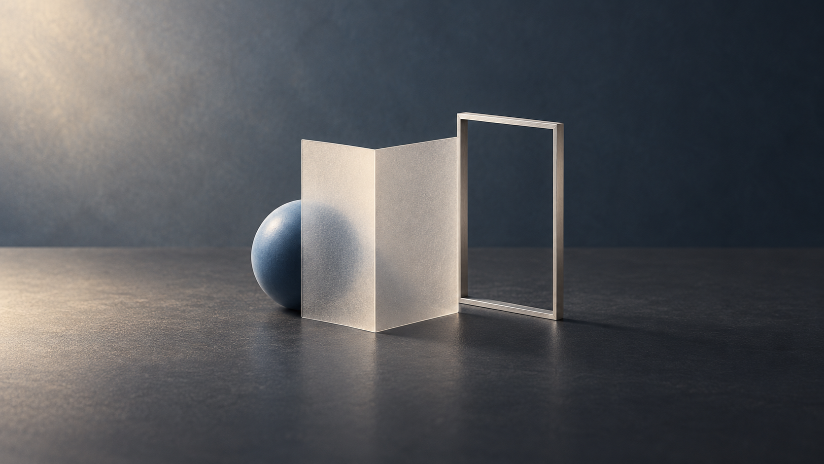 Conceptual still life of a translucent folded screen partly obscuring a blue ceramic sphere, beside an open metal frame.