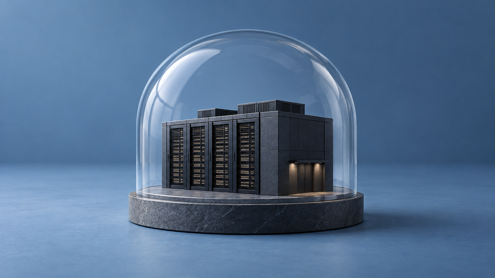 Centro de datos en miniatura bajo una cúpula de cristal sobre una base de piedra común.
