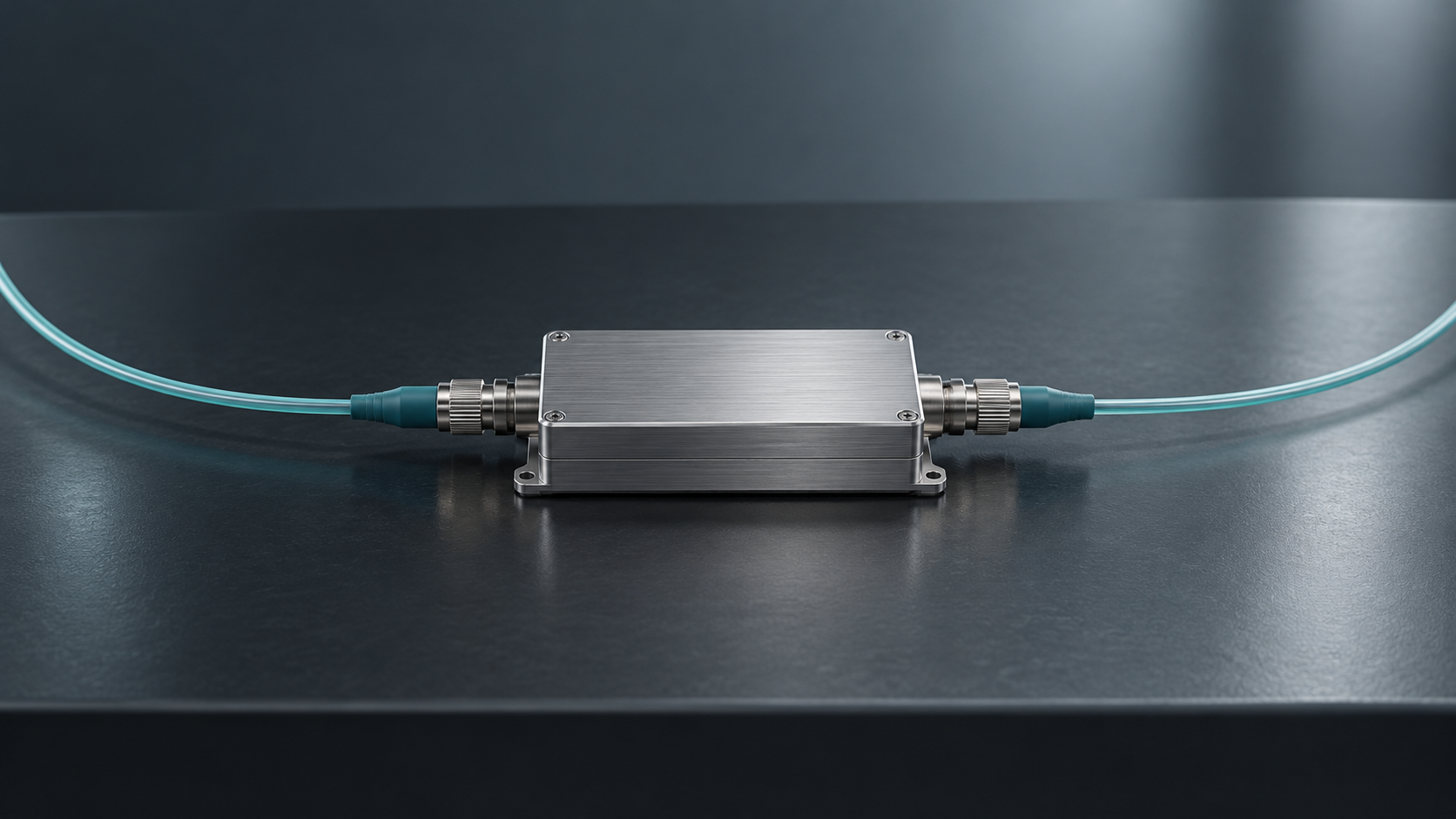 An unbranded metal optical-module concept connects two blue fiber leads on a laboratory bench.