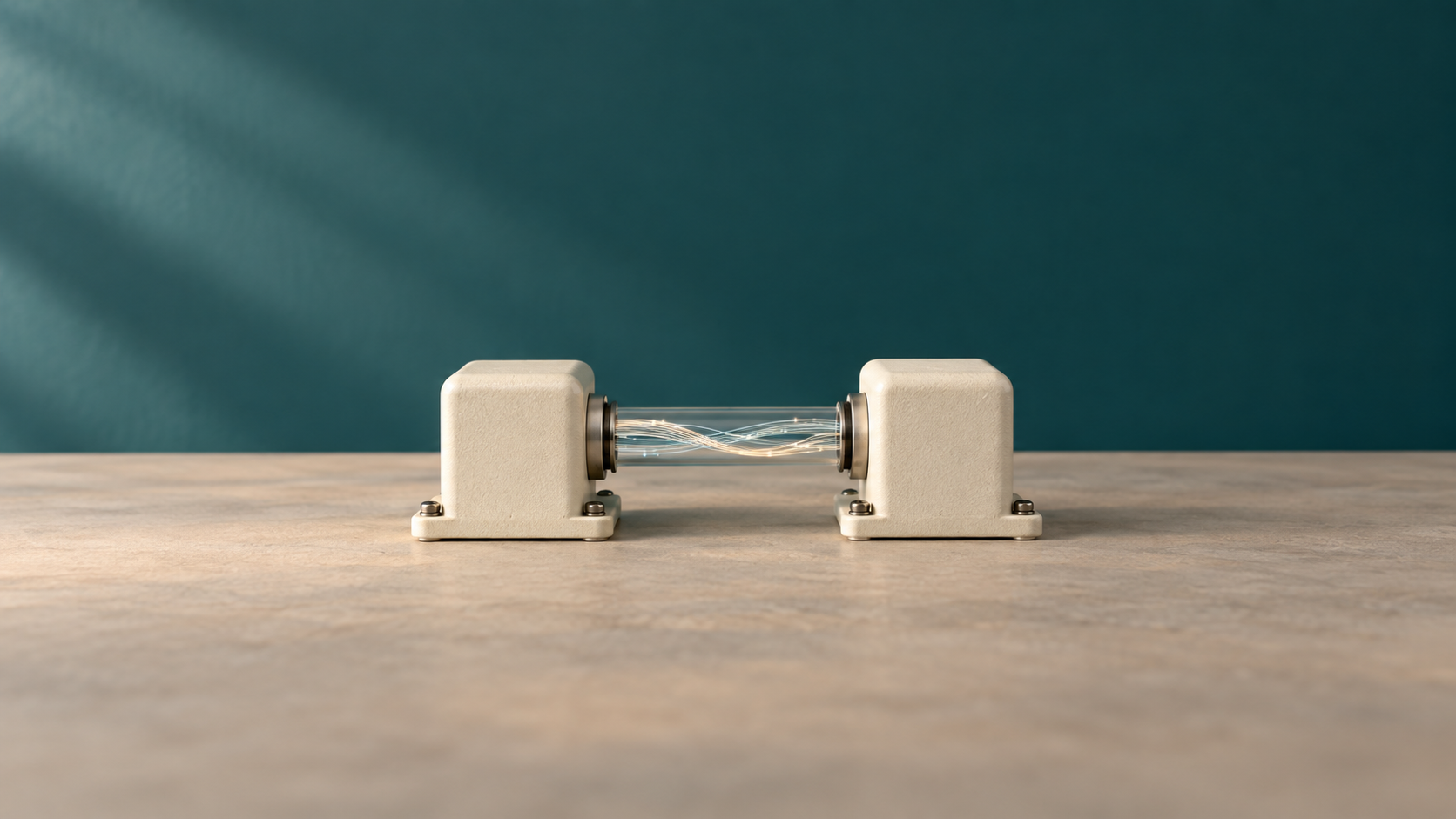 Conceptual glass fibre conduit connecting two small ceramic equipment housings on a workbench.