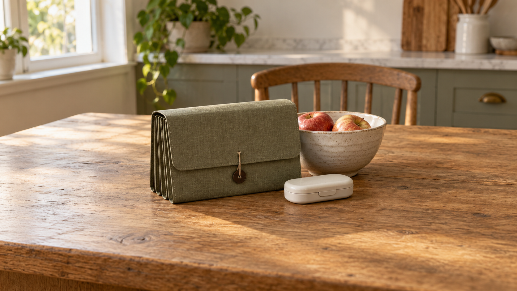 Una carpeta doméstica sin texto, un cuenco de manzanas y un pastillero cerrado sobre una mesa de cocina.
