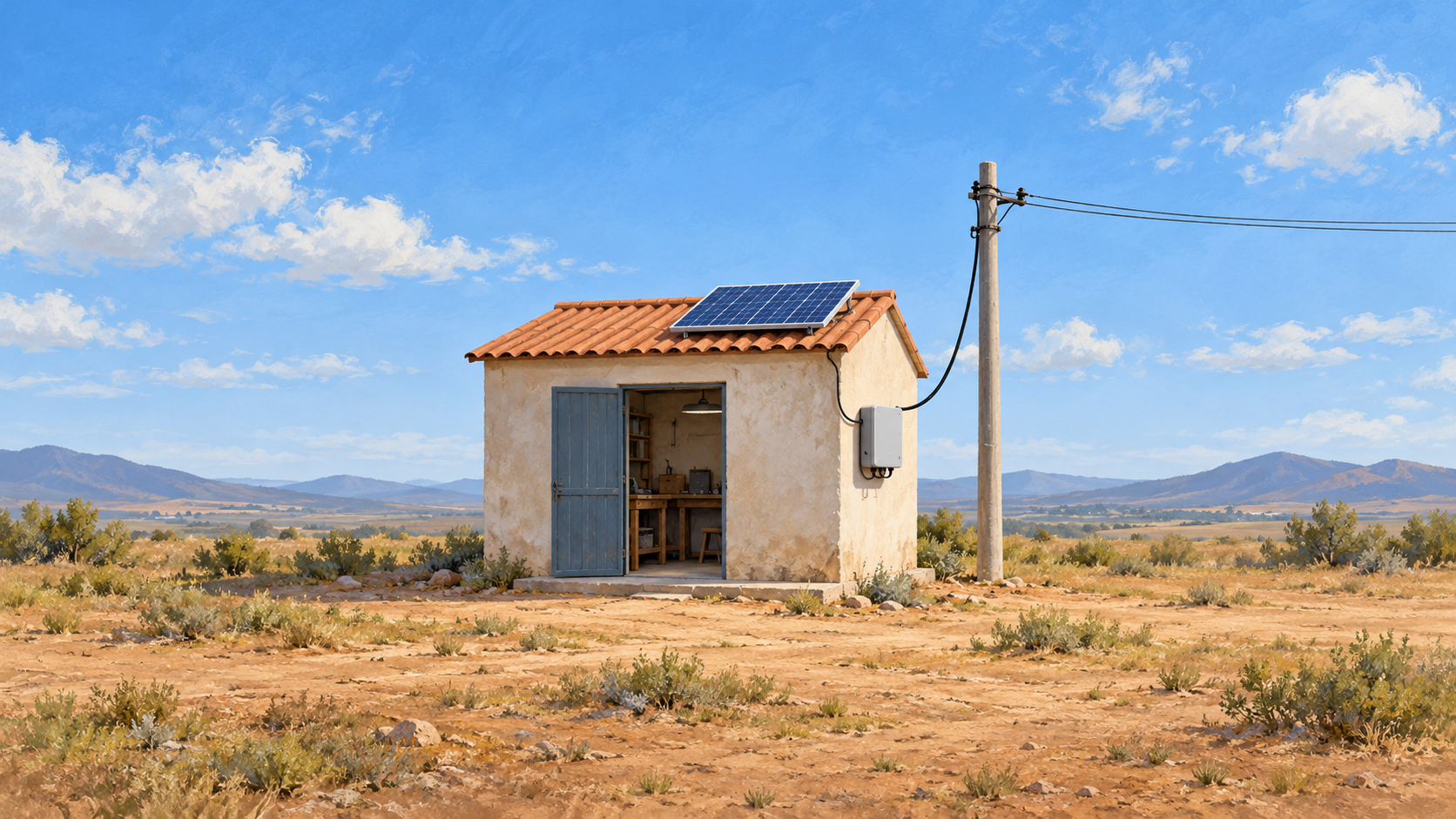 Conceptual workshop with a rooftop solar panel, plain service box and visible cable to a nearby electricity pole.