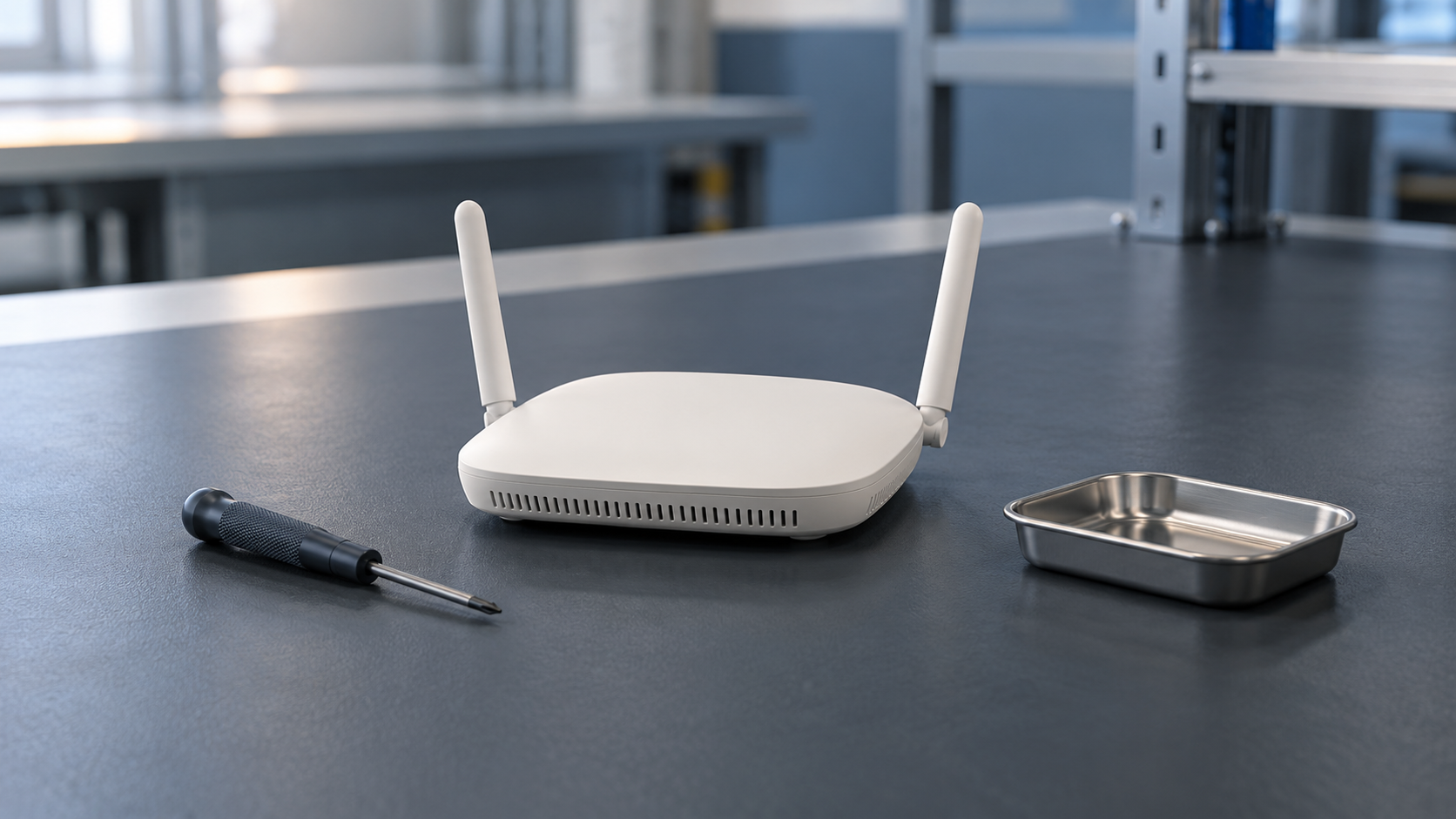 Router conceptual sin marca y con dos antenas sobre un banco de ensamblaje, junto a un destornillador y una bandeja vacía.