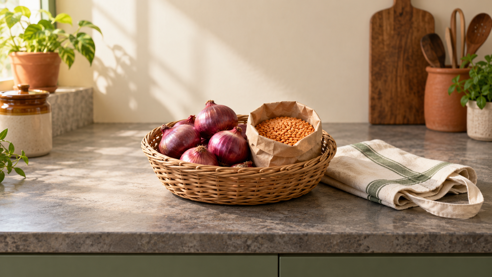 Conceptual still life of onions and lentils in a woven basket on a kitchen counter, with a folded cotton shopping bag.