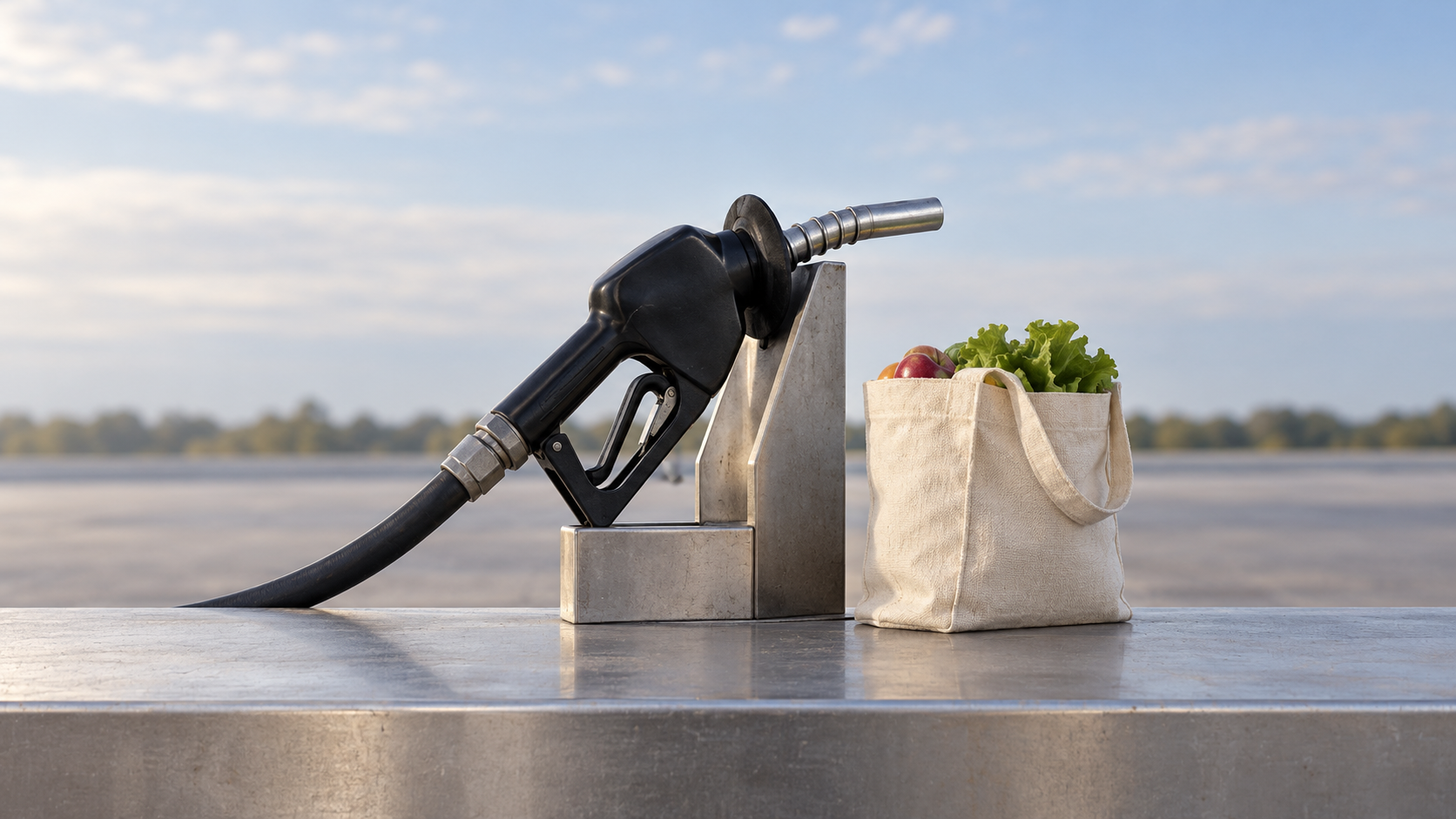 Bodegón conceptual de un surtidor de gasolina en soporte metálico junto a una bolsa de compra de algodón.