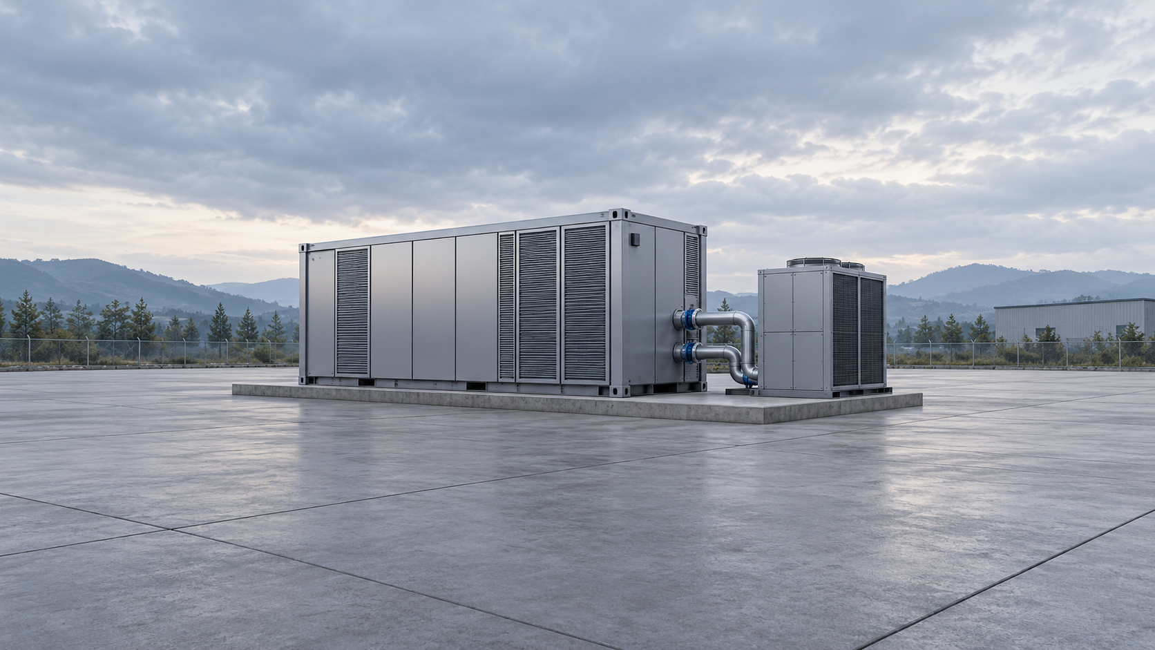 Ilustración conceptual de un centro de datos modular sin marca conectado a refrigeración externa sobre una base de hormigón.