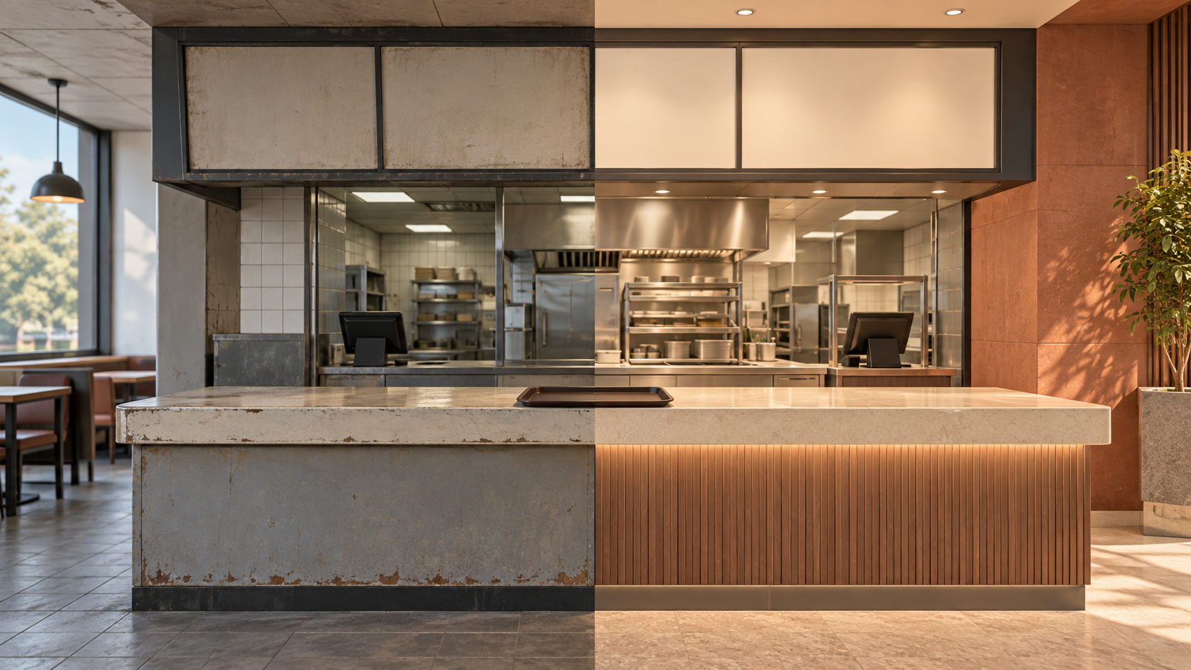 Conceptual split view of a worn and refurbished unbranded restaurant counter with a plain tray.