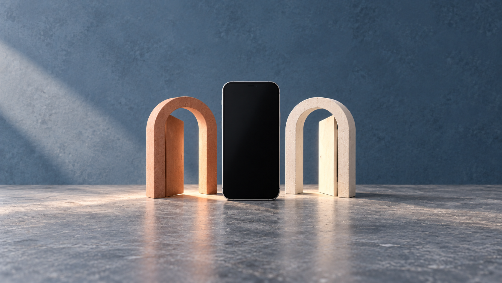 Ilustración conceptual de un teléfono sin marca entre dos puertas de cerámica abiertas, que representan vías alternativas de distribución de apps.