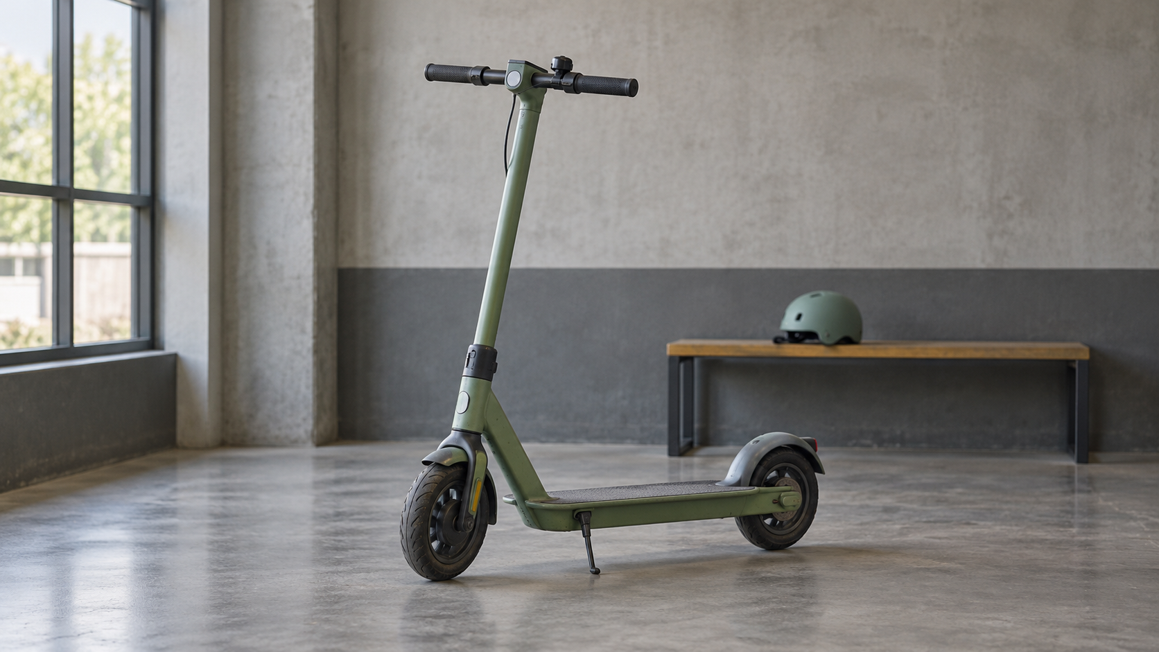 Conceptual still life of an unbranded green electric scooter and a plain helmet in a fleet-service bay.