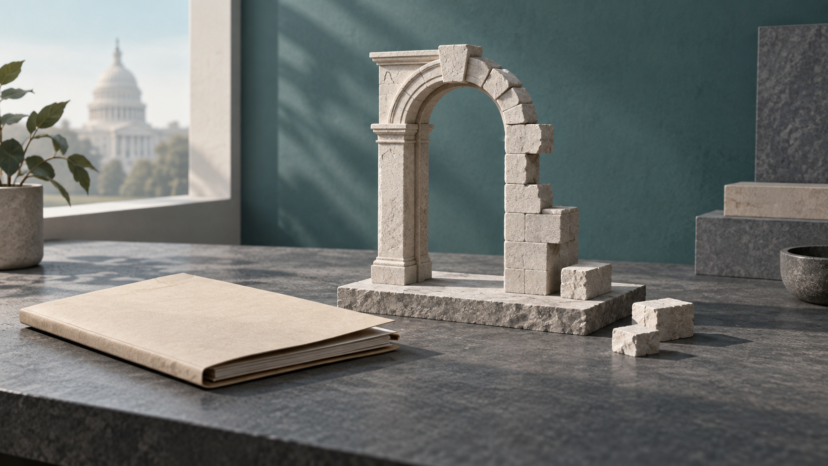 Ilustración conceptual de una maqueta de arco de piedra incompleto junto a una carpeta sobre una mesa.