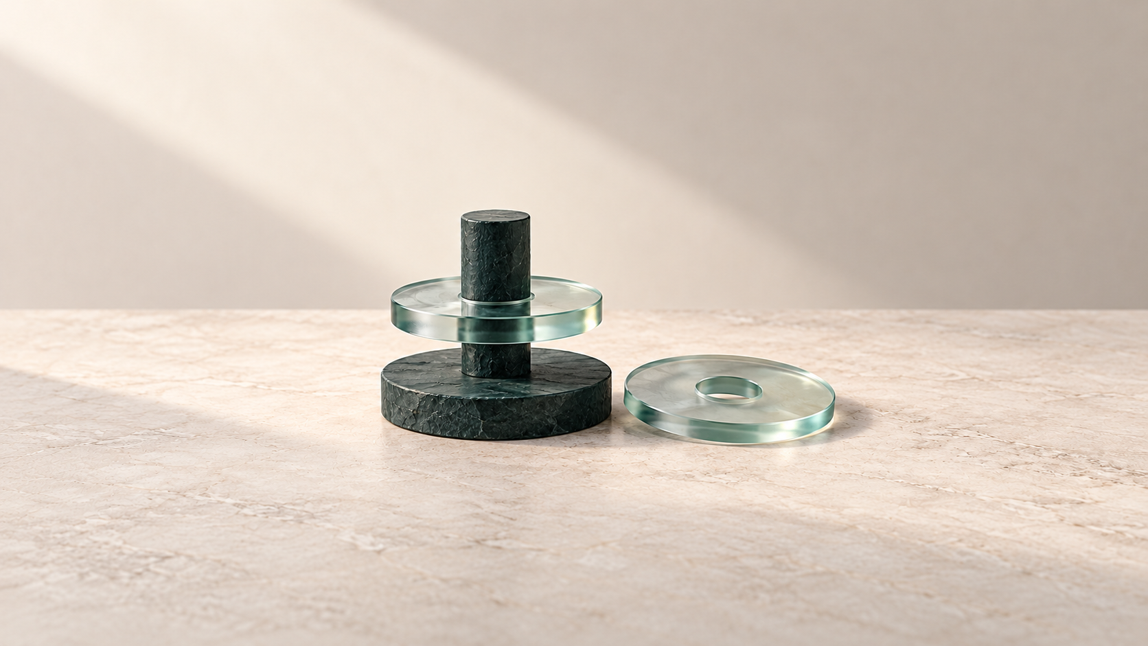 Conceptual sculpture with a fixed stone pivot, one fitted glass ring and an identical loose ring, suggesting control and transferable ownership.