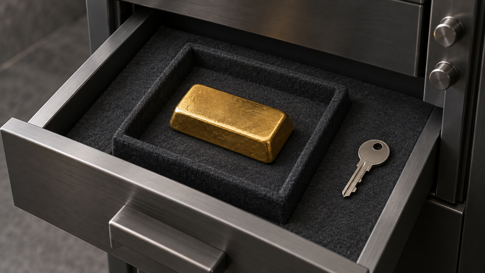 An unmarked gold ingot in a felt tray inside a secure drawer, with a plain key.