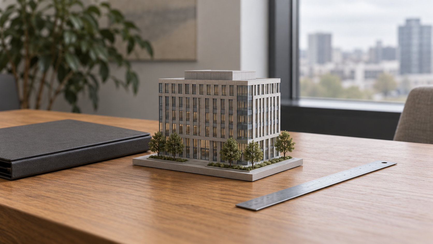 Maqueta ilustrativa de un edificio de oficinas sobre una mesa de roble, junto a una carpeta lisa y una regla de acero.