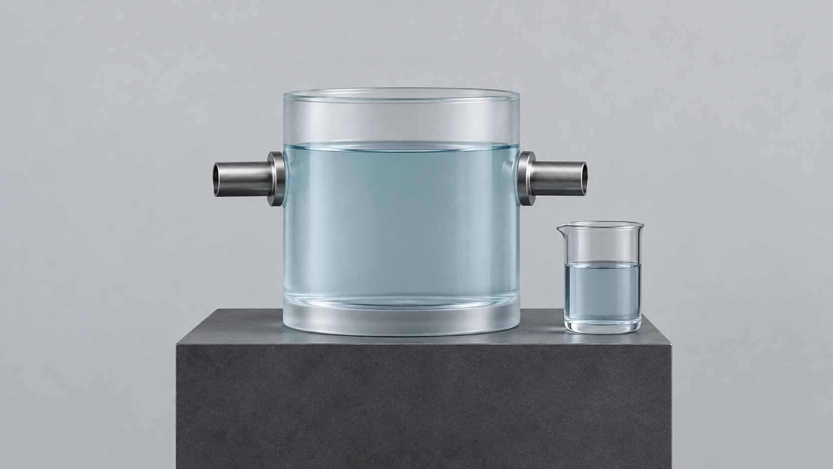 Conceptual glass liquidity reservoir with two metal ports and a small unmarked vessel.