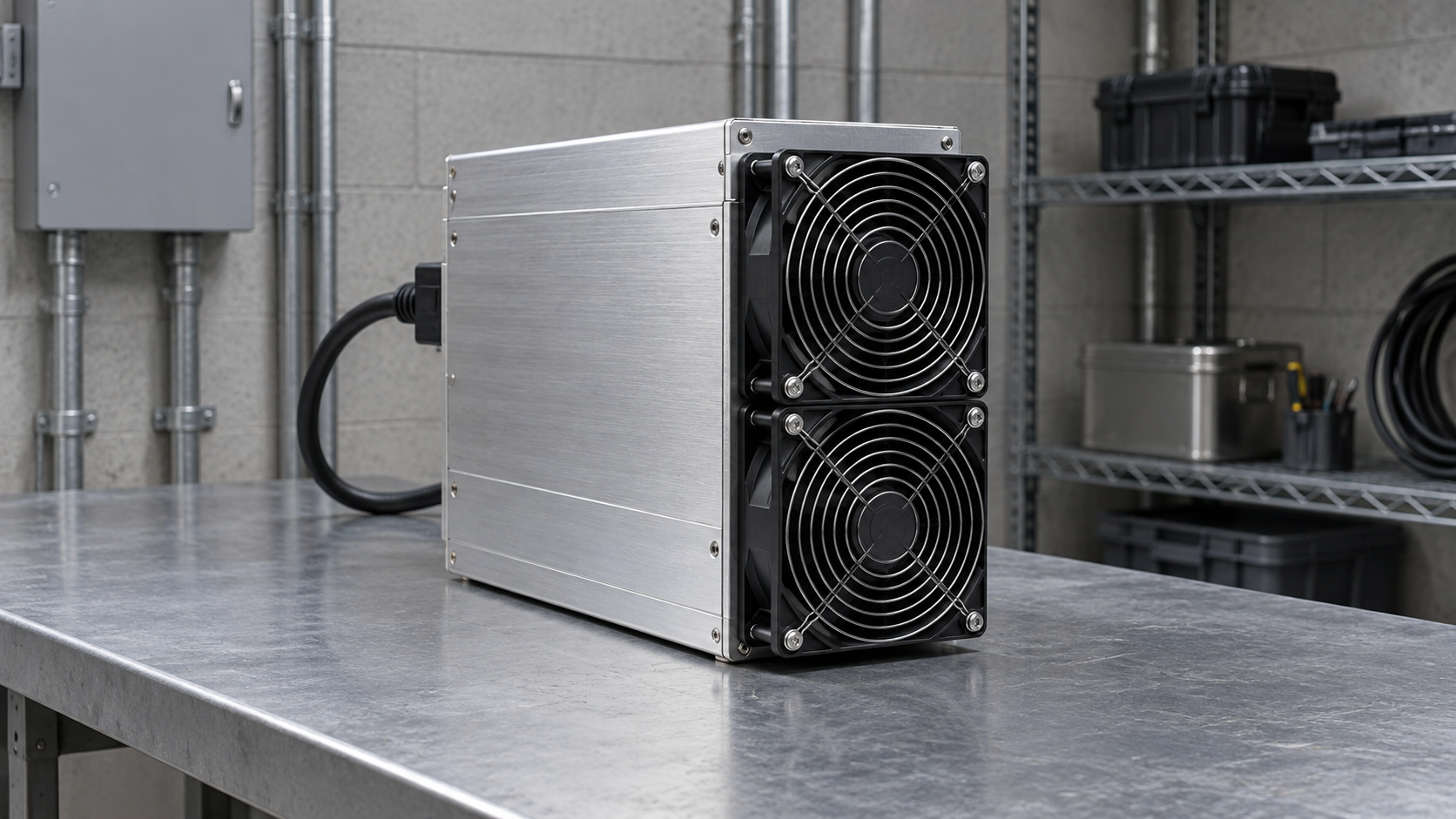 An unbranded mining computer with two cooling fans and a power cable on an industrial workbench.