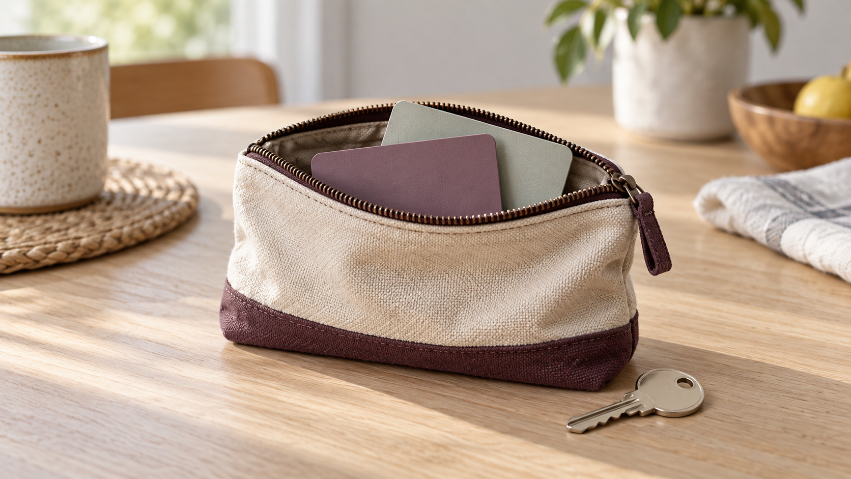 An open canvas pouch holds two blank cards, with a plain key on a kitchen table.