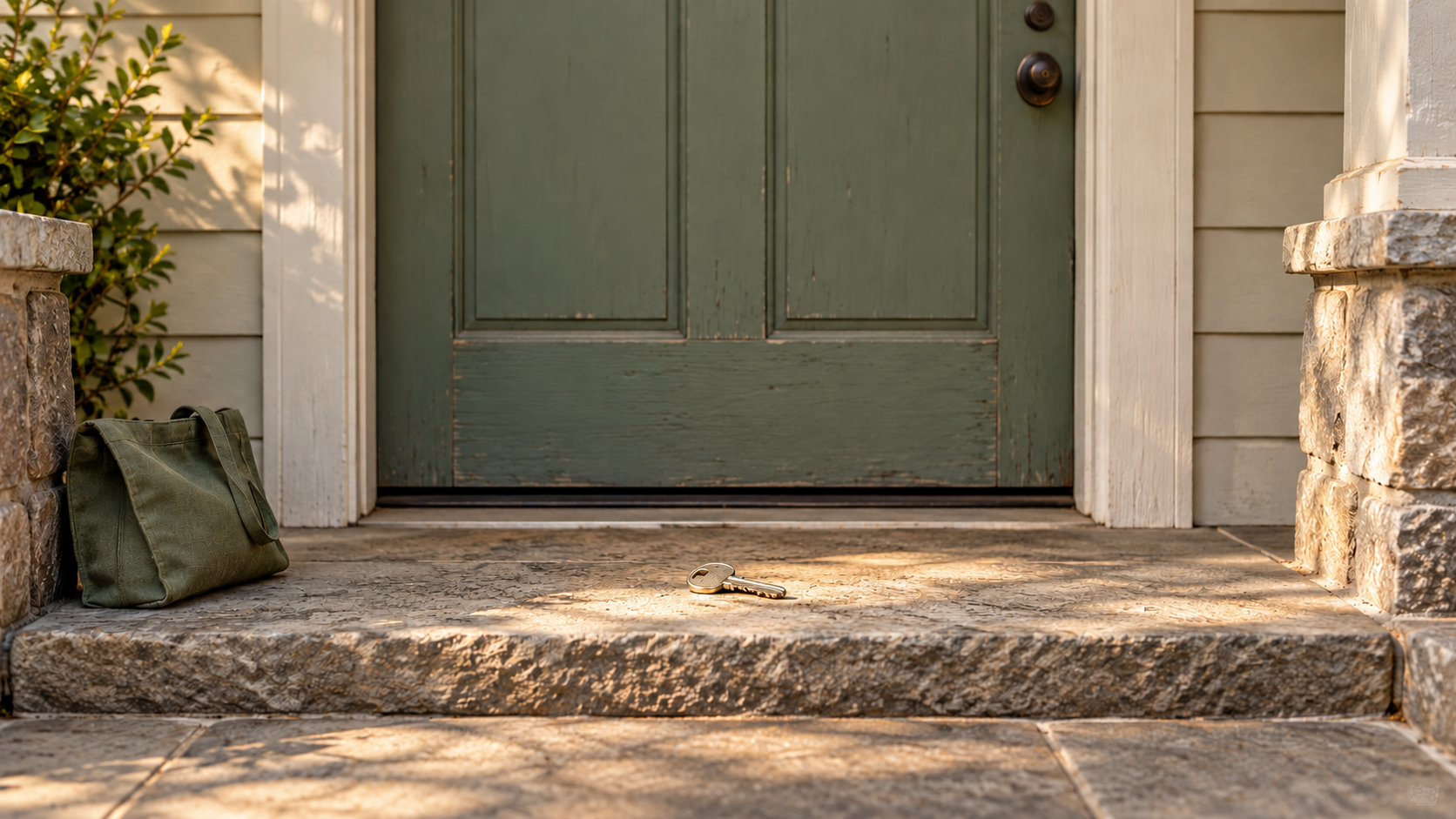 A plain house key on a stone doorstep in front of a closed sage-colored door, a conceptual home-entry scene.