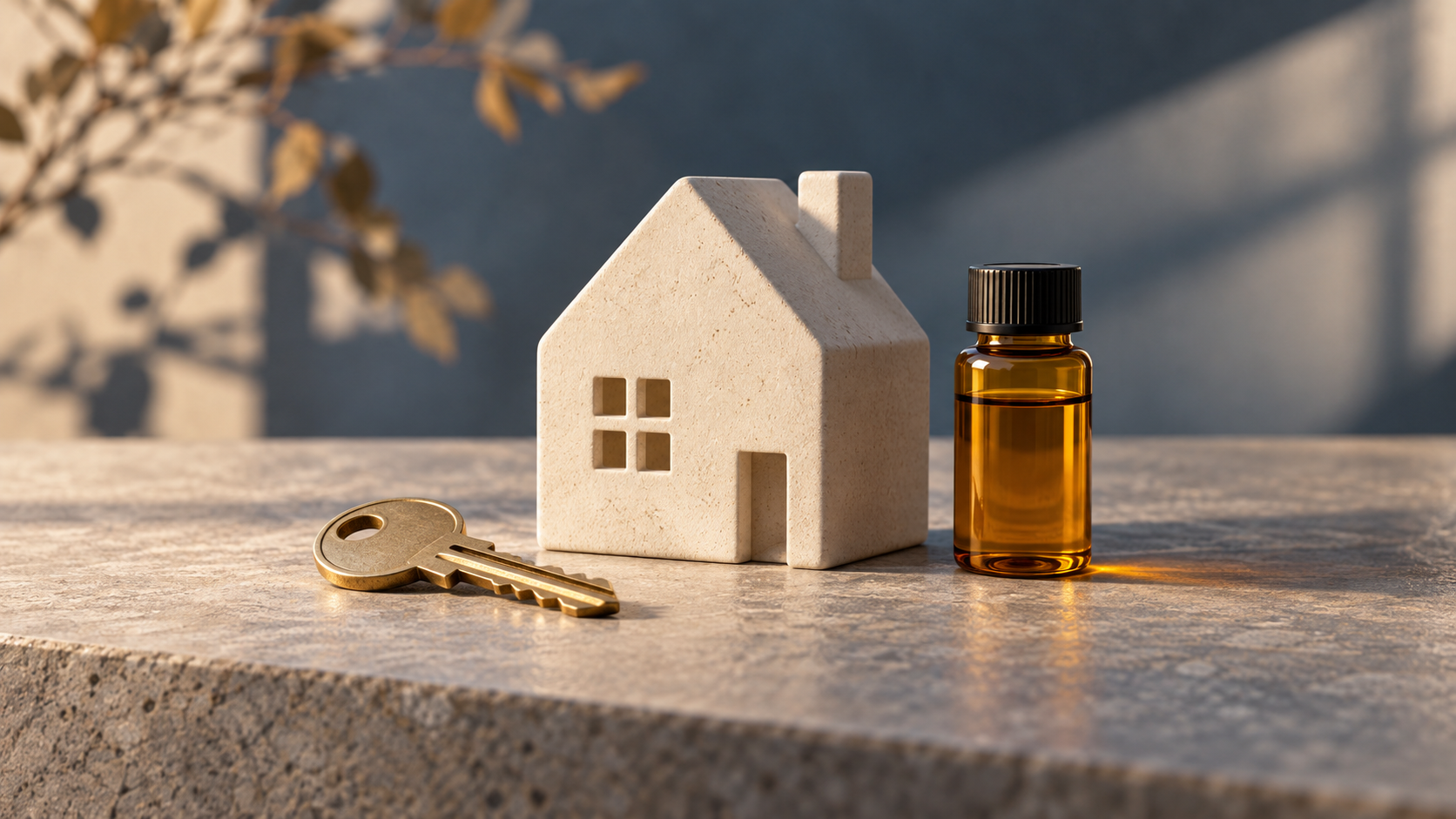 Conceptual still life of a pale ceramic house, brass key and unmarked amber vial on a stone table, representing mortgage and energy pressures.