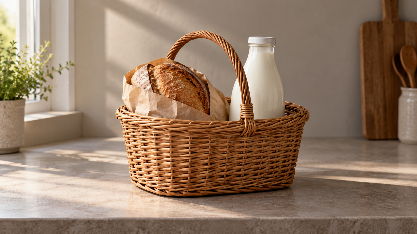 Bodegón conceptual de una cesta con pan y una botella de leche sin etiqueta en una encimera.