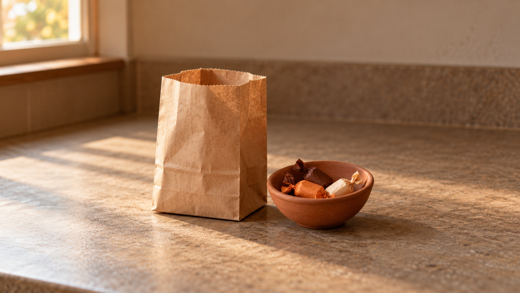Bolsa pequeña de papel sin marcas junto a un cuenco de terracota con unos pocos dulces envueltos en una encimera.