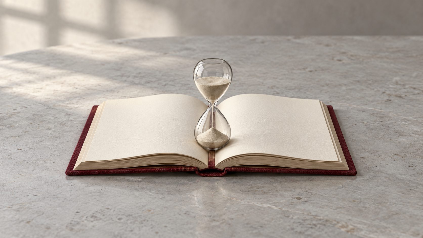 Conceptual still life of an hourglass on an open blank burgundy book.