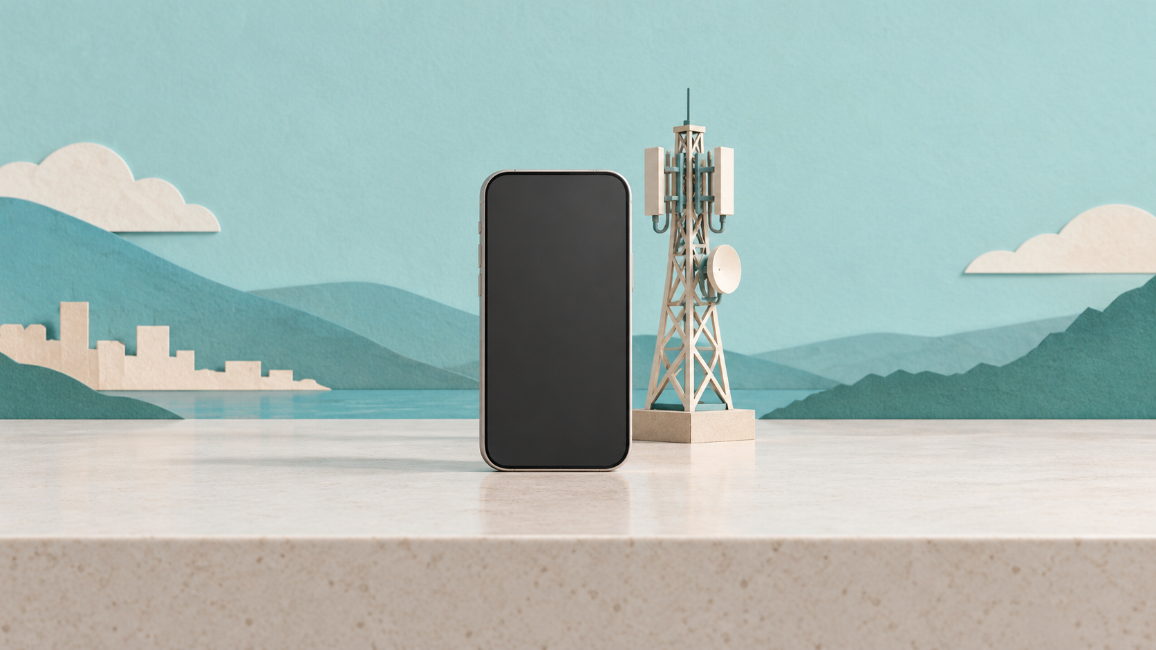 Un teléfono sin marca y con pantalla vacía junto a una antena móvil en un paisaje de papel.