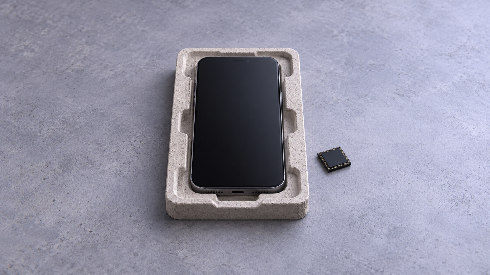 Conceptual illustration of an unbranded smartphone with an unlit screen in a fibre shipping cradle beside a plain memory-chip package.