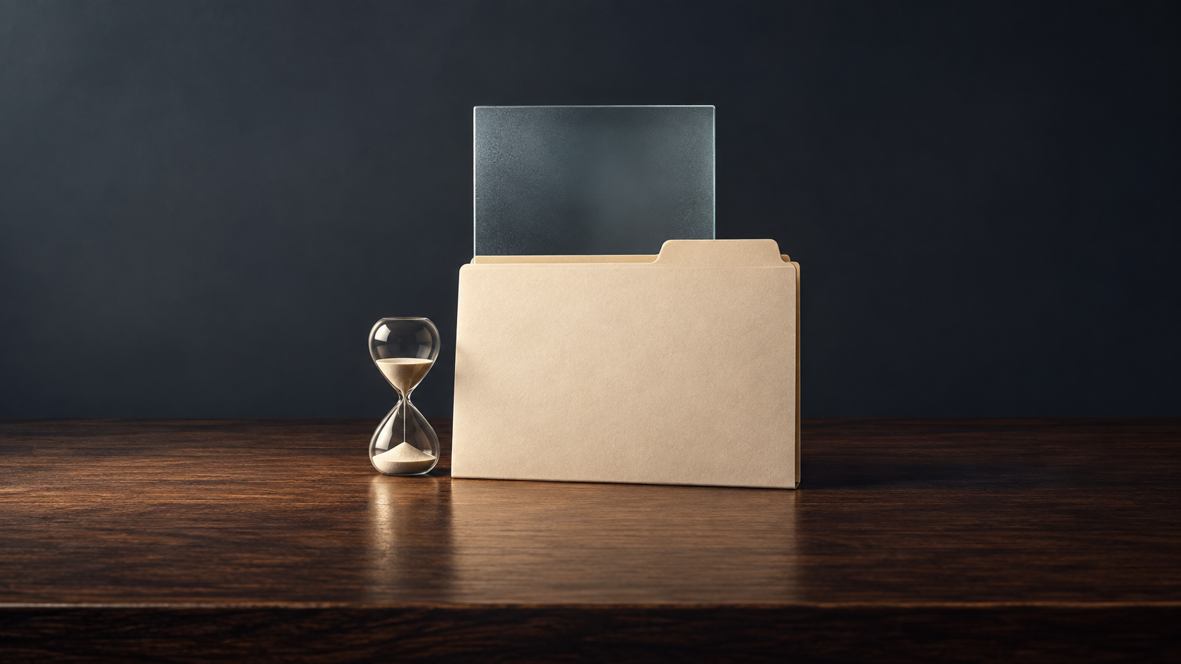 Conceptual illustration of an unmarked archival folder beside an hourglass and a frosted glass pane, suggesting delayed and partial disclosure.