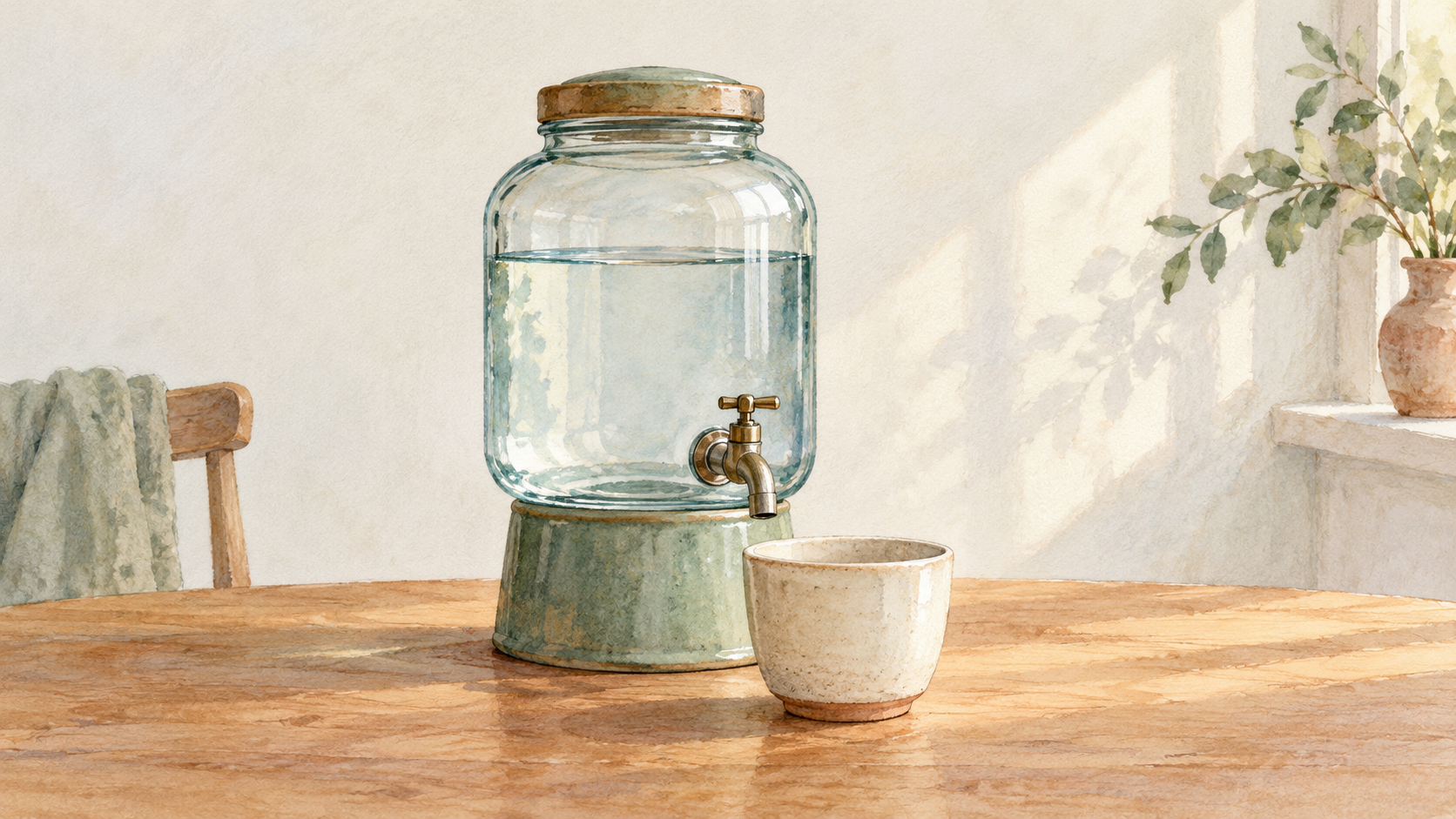 Watercolor illustration of a glass water reservoir with a closed tap and an empty ceramic cup.
