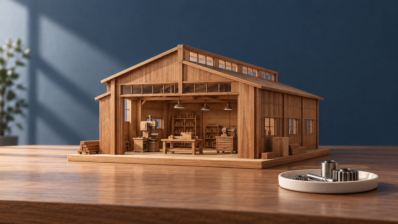 Maqueta conceptual de un taller de madera junto a una bandeja de piezas metálicas sobre una mesa.