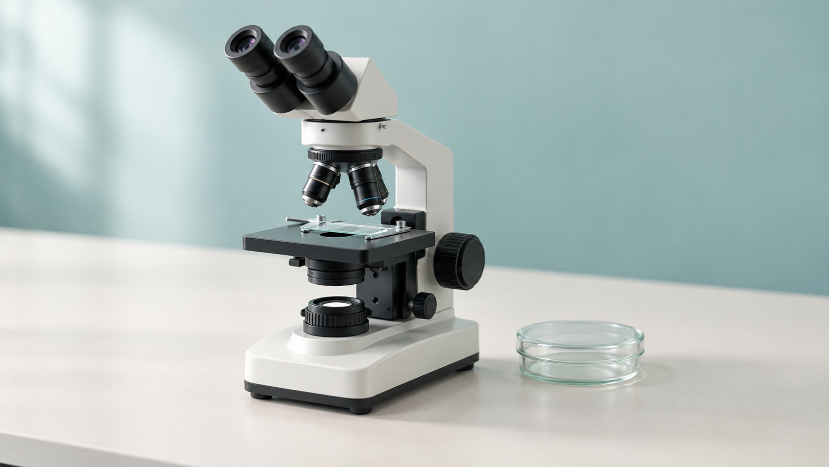 Conceptual laboratory still life of an unbranded microscope focused on a blank glass slide beside a plain covered specimen dish.