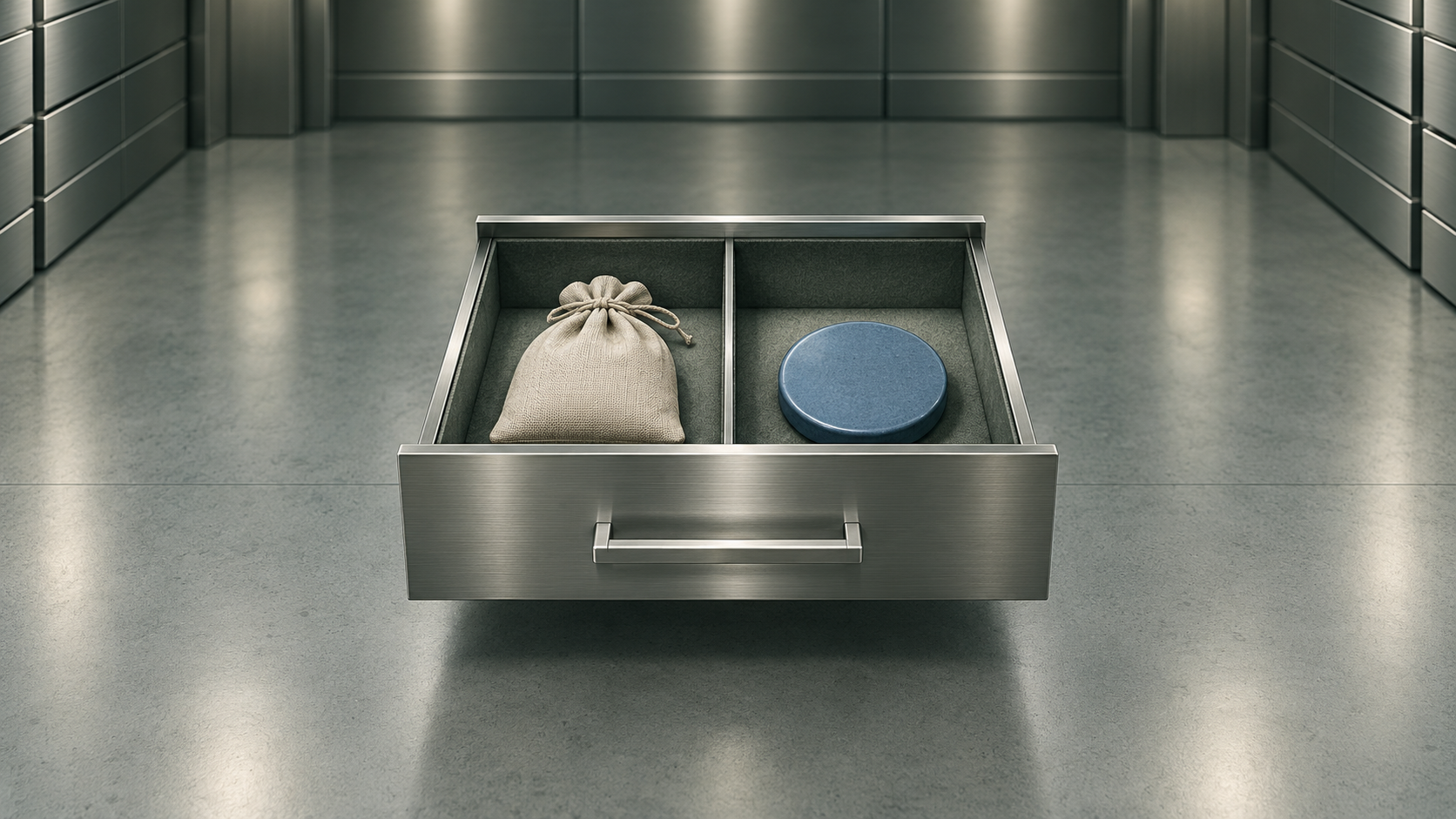 Cajón conceptual de custodia de acero con compartimentos separados para una bolsa de lino y un disco azul sin marcas.