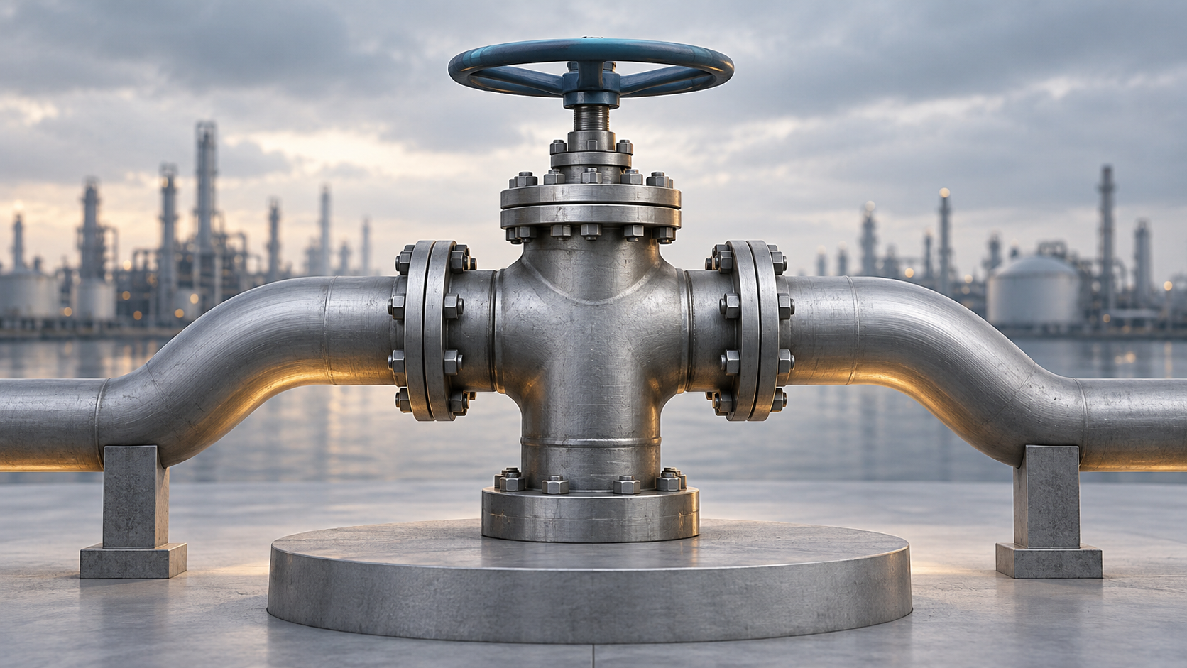 Conceptual three-way steel valve and two branching pipes against a generic refinery-like background, illustrating a possible fuel-routing choice.