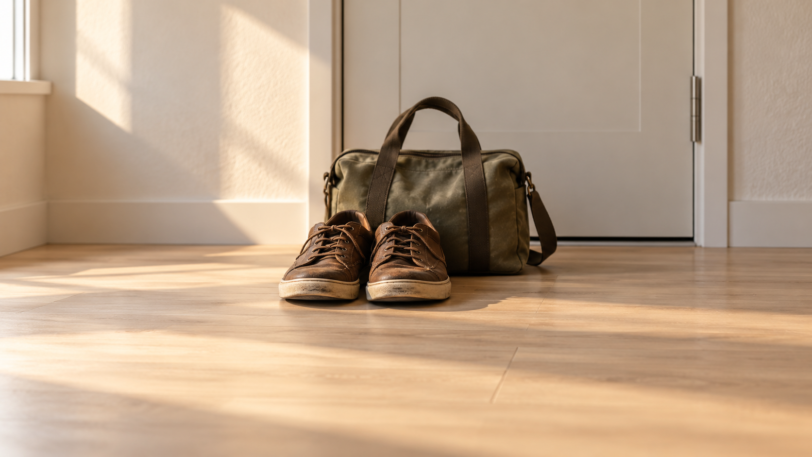 Ilustración editorial escenificada de zapatos usados y un bolso de trabajo de lona junto a una puerta iluminada por el sol.