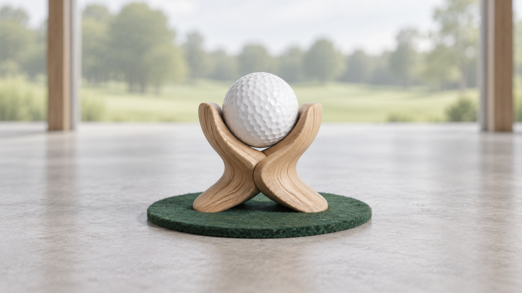 Pelota de golf conceptual sobre un soporte de madera entrelazado y una base de fieltro verde, ilustrando el apoyo compartido a una liga.