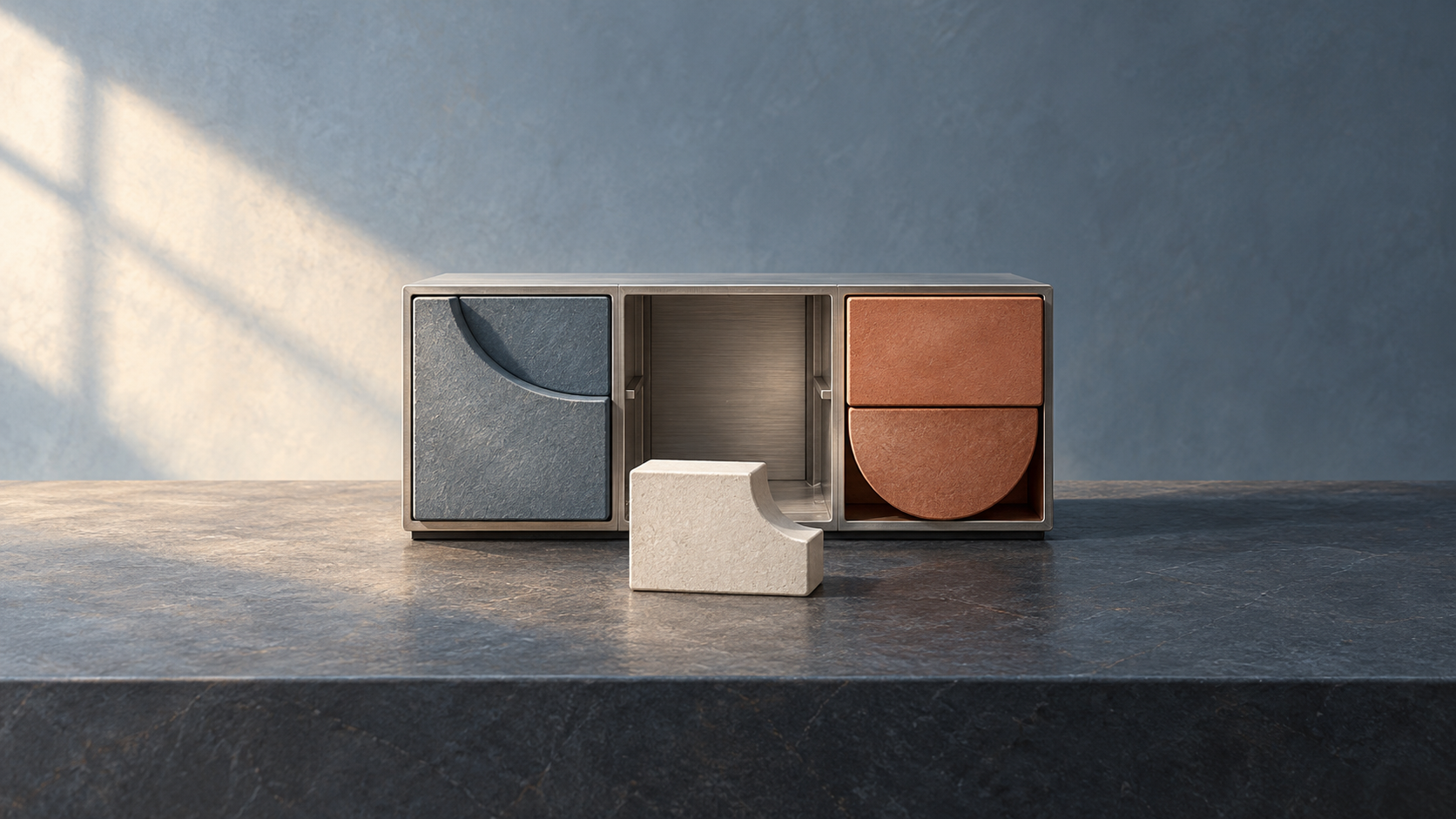 Ilustración conceptual de un mueble modular con un hueco abierto y una pieza crema situada delante.