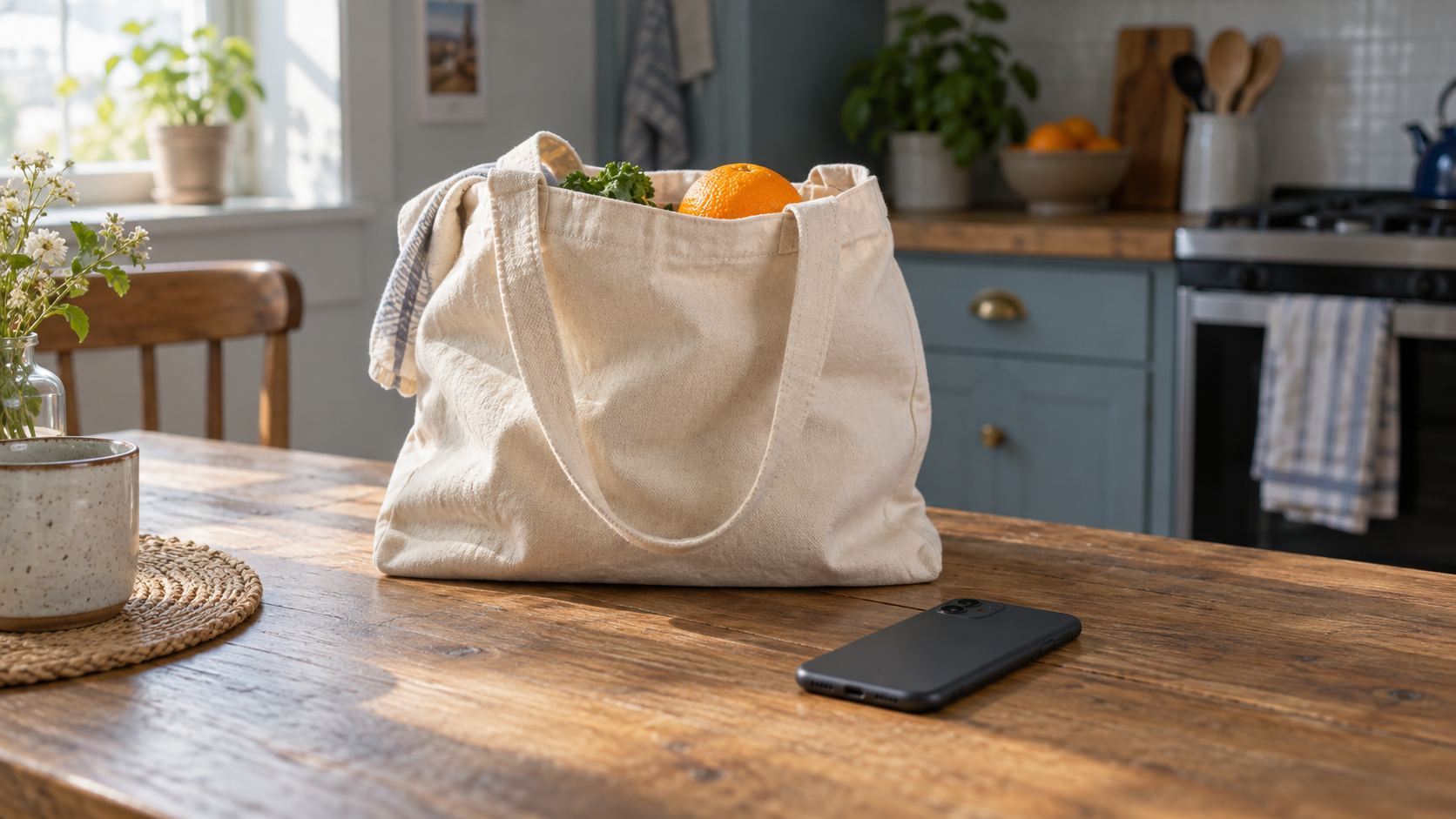 Bolsa de compra de tela con una naranja y un móvil boca abajo sobre una mesa de cocina.