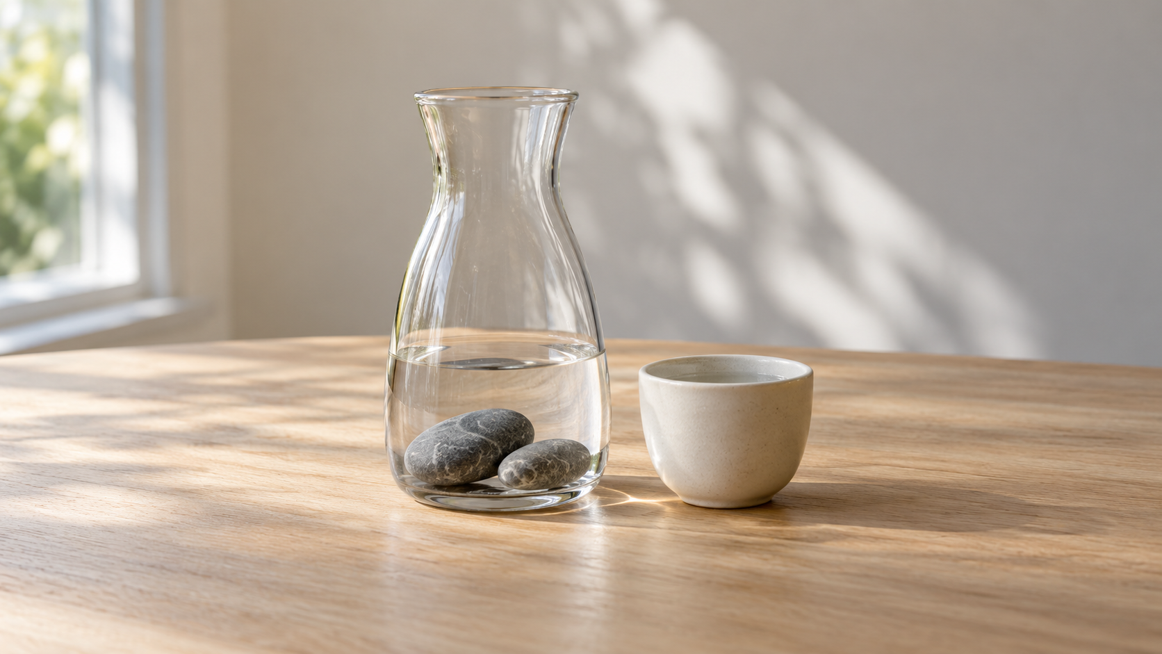 Jarra de cristal con agua y piedras grises lisas junto a una taza cerámica sobre una mesa de madera.