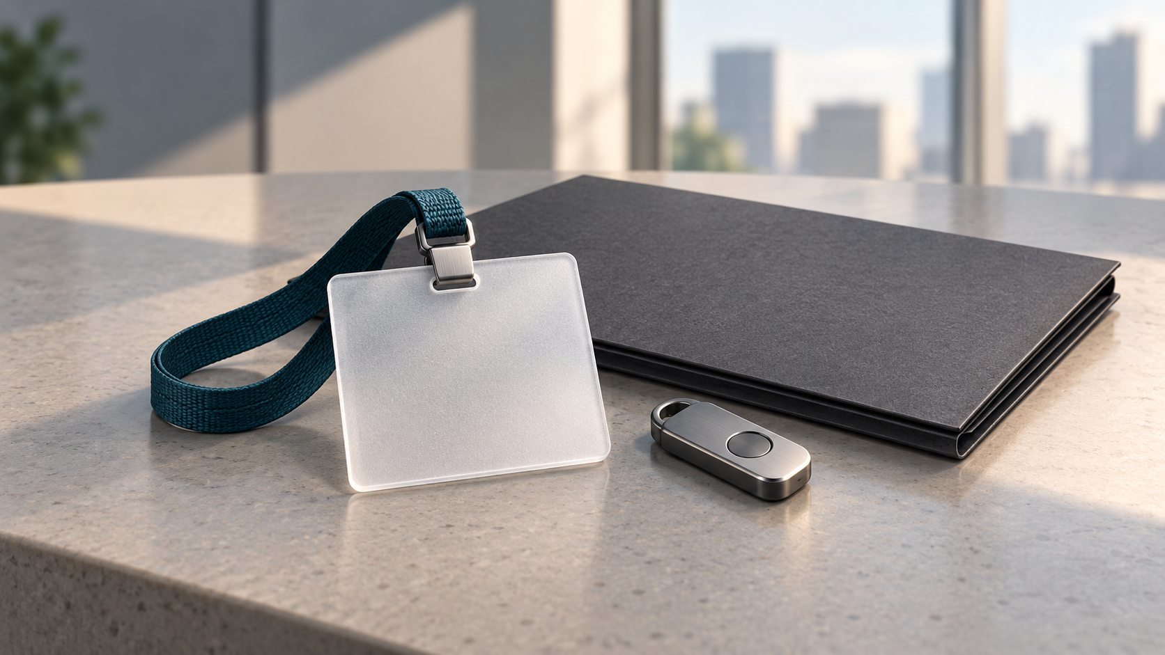 A blank access badge on a teal lanyard beside a closed charcoal folder and a small metal USB token on an office counter.