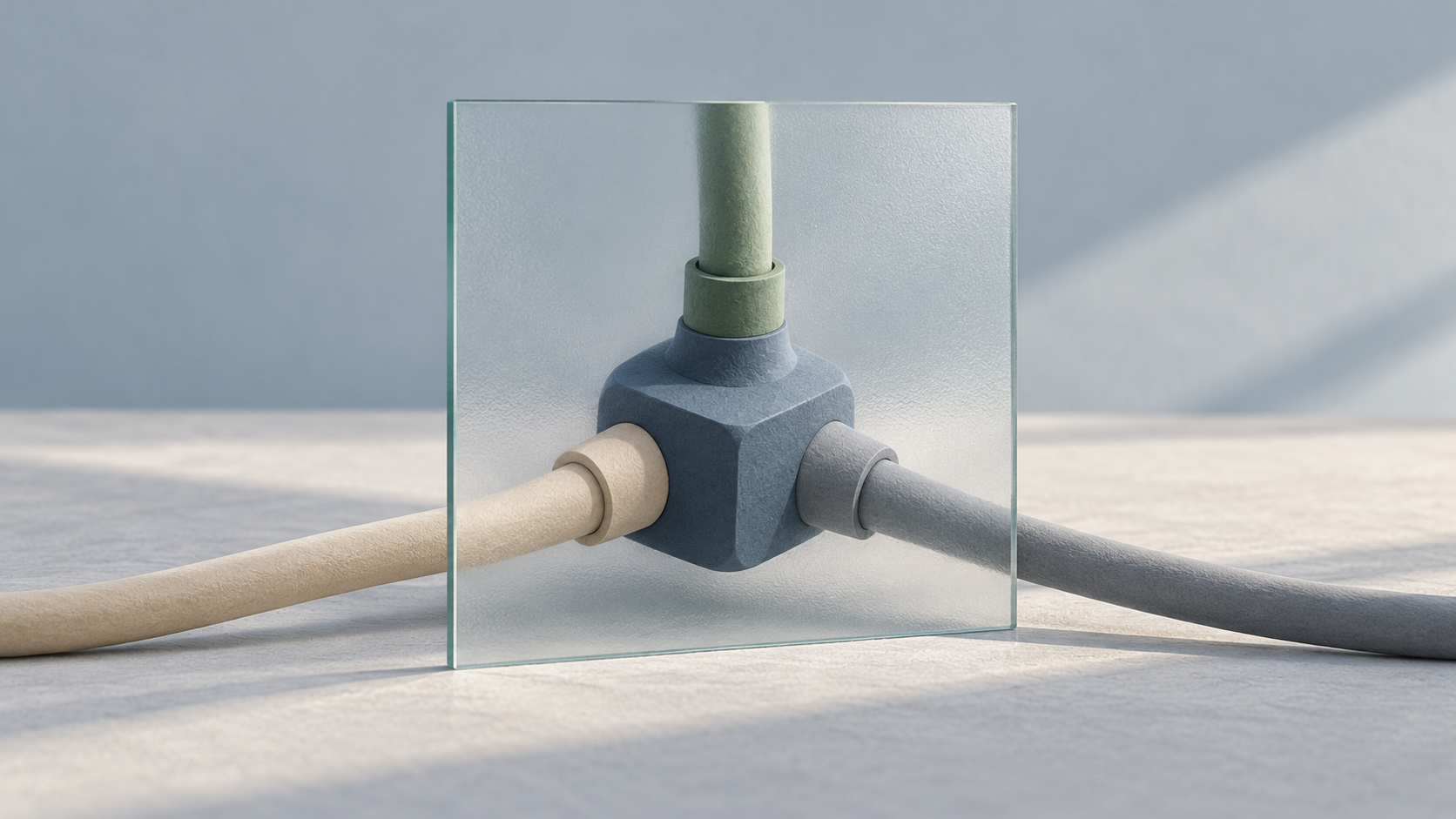 Conceptual illustration of three sleeves meeting in one junction behind a translucent panel.