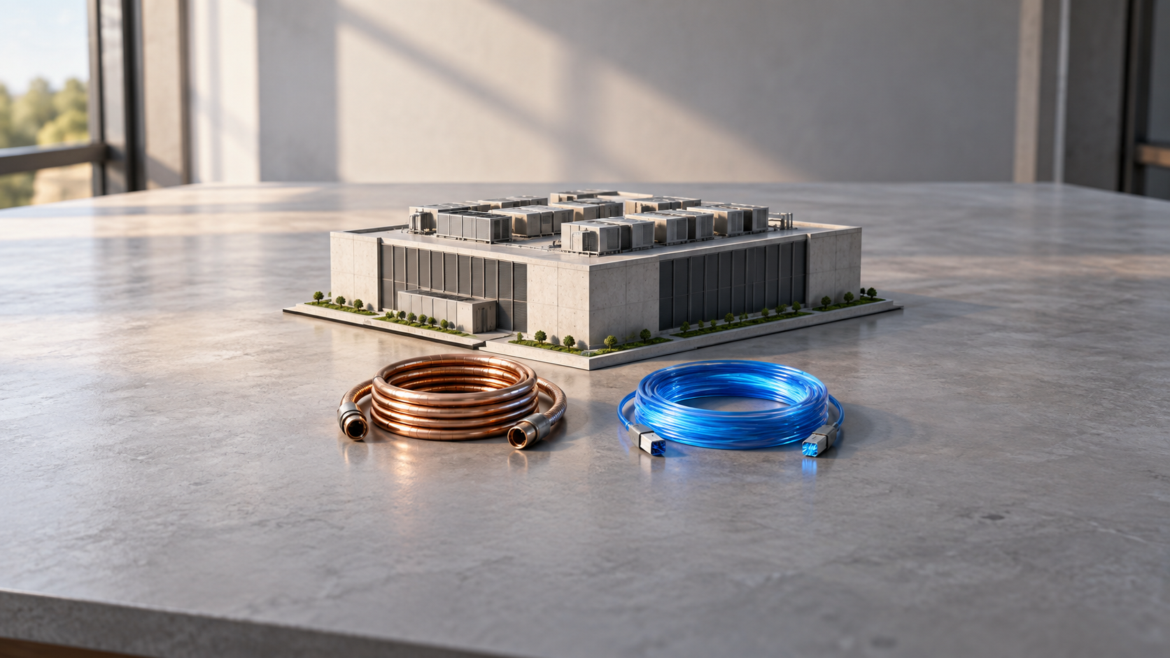 Conceptual model of an unbranded data-centre building with a coiled copper conduit and blue fibre cable on a drafting table.