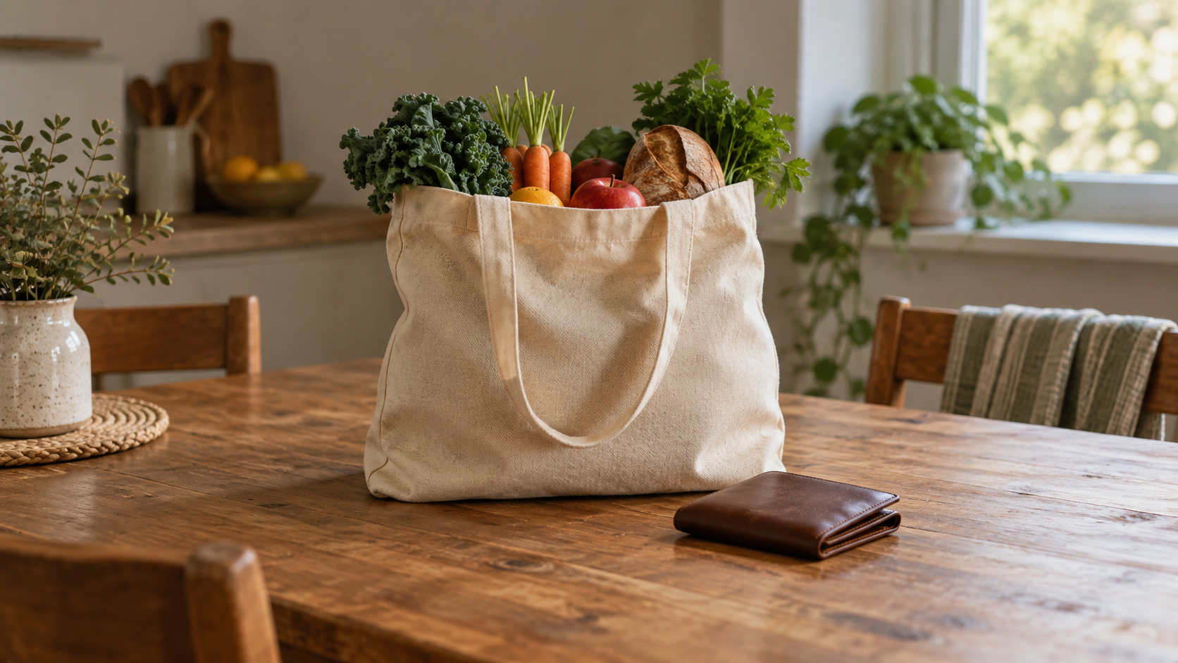 Conceptual kitchen still life with a canvas grocery bag of produce and a closed wallet on a wooden table.