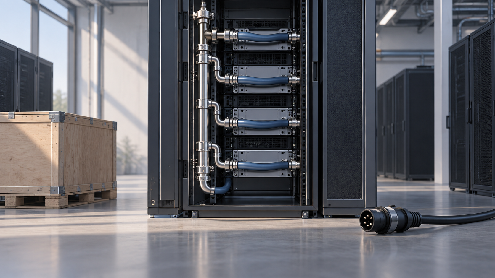 Vista conceptual de un bastidor de refrigeración parcialmente equipado, una caja cerrada y un cable desconectado en un centro de datos genérico.