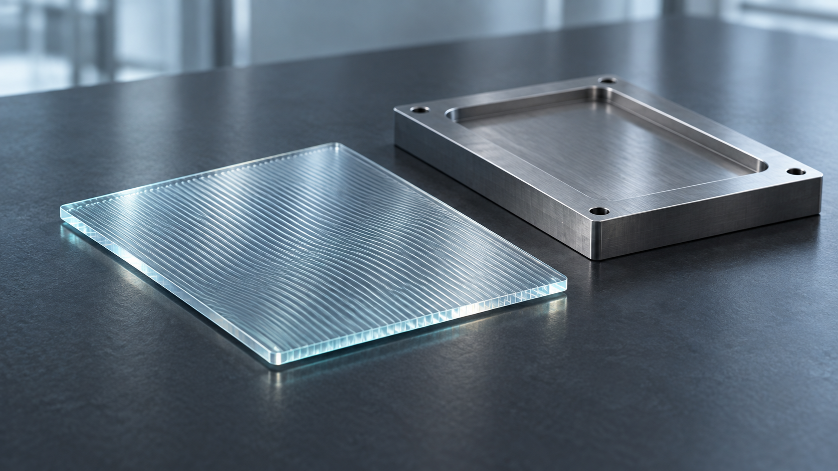 Illustration of a patterned translucent optical panel beside an unmarked mould plate on a dark workbench.
