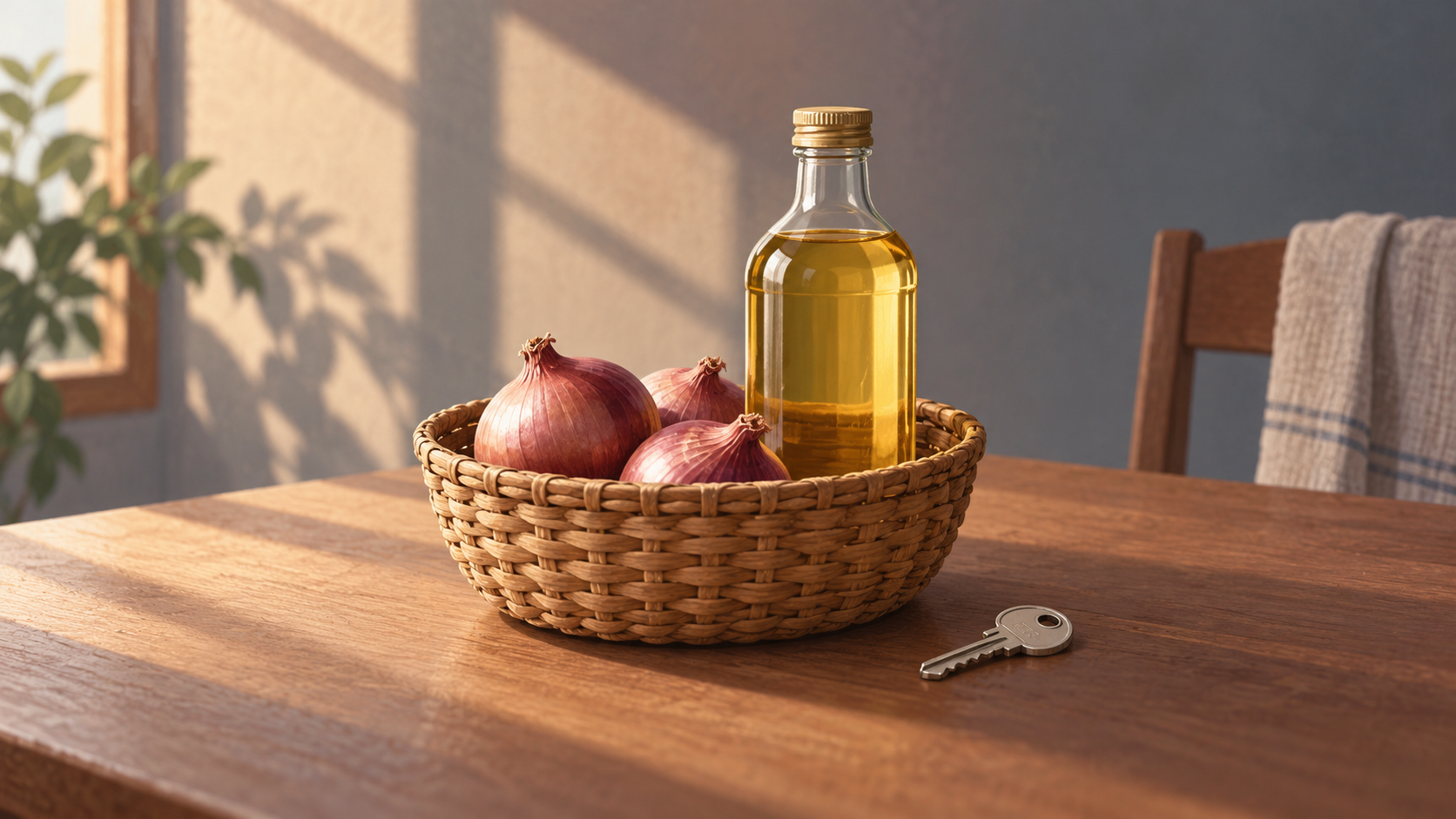 Cesta de mimbre con cebollas y una botella de aceite sin etiqueta junto a una llave de casa sobre una mesa.